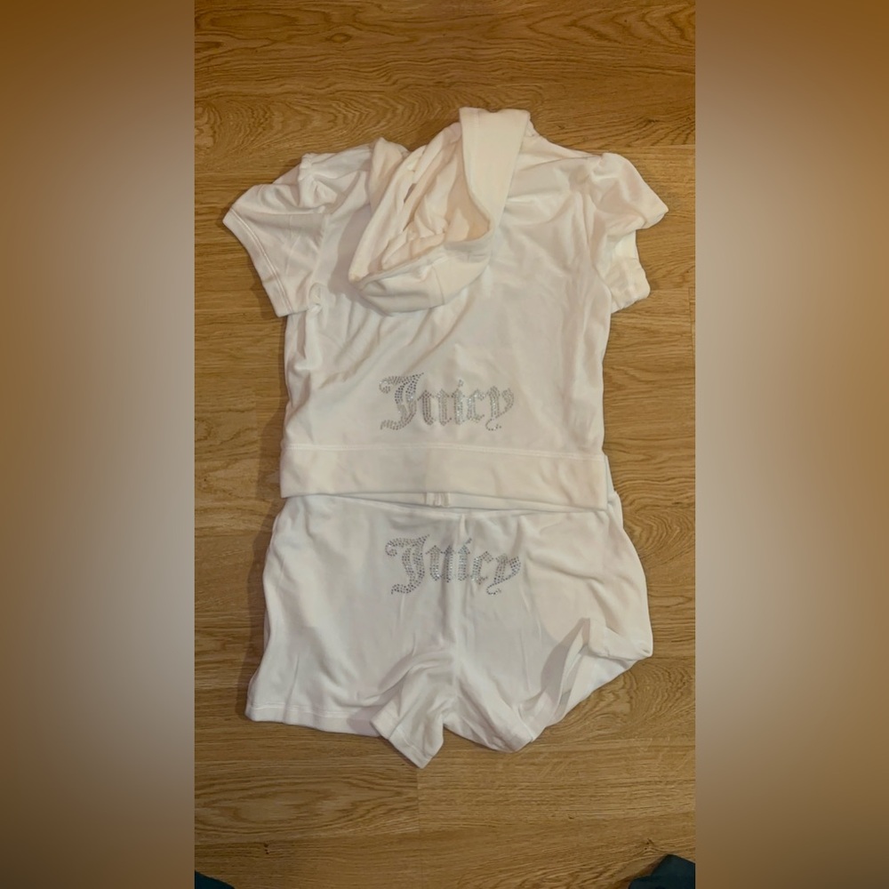 Juicy Couture White Rhinestone Logo Hoodie & Shorts Set